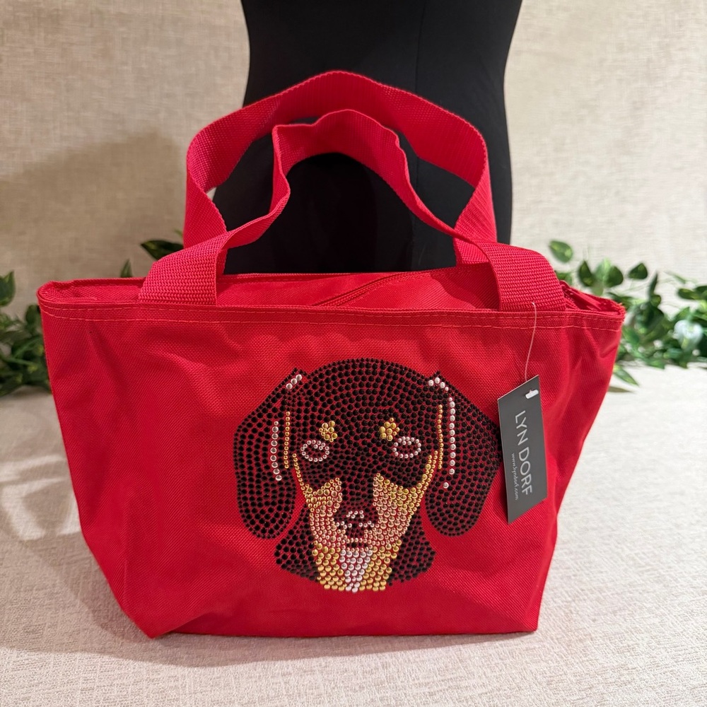 Red Lunch Bag Insulated Zipper Tote Studded Dachshund Chihuahua or Dog Image NWT